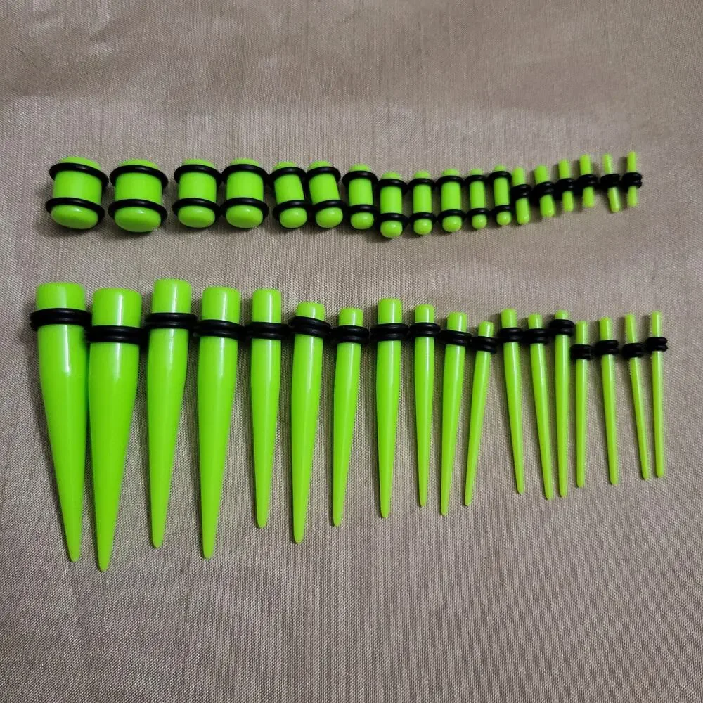 9 sizes 14 - 00 gauge neon green acrylic taper and plug ear lobe stretching set